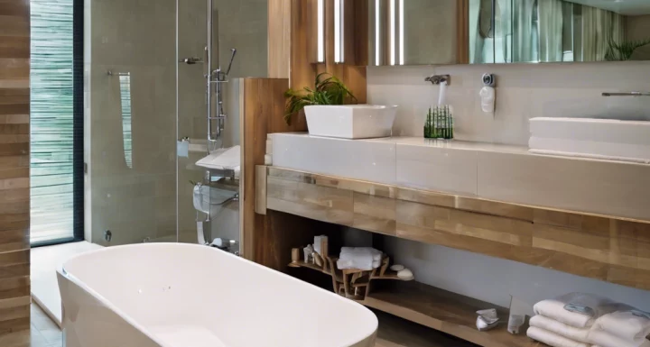 Elegant bathroom featuring a freestanding bathtub and a spacious glass-enclosed shower. The room includes a modern vanity with a vessel sink and ample storage space. Natural wood finishes and open shelving add warmth and a spa-like feel, while large mirrors and soft lighting enhance the luxurious and serene atmosphere.